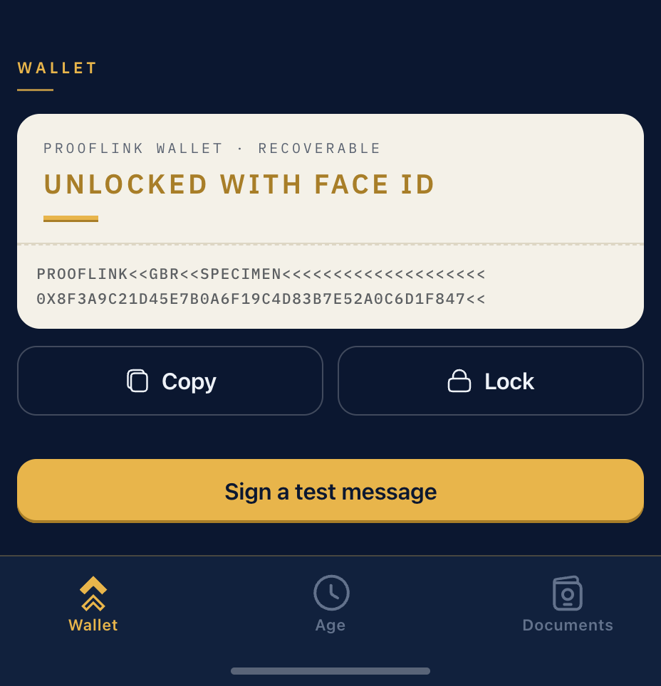 The app's wallet screen: unlocked with Face ID, showing a recoverable address written in passport machine-readable format.